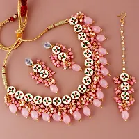 LUCKY JEWELLERY Back Meenakari 18k Gold Plated Pink Color Tika Earring Combo Uncut Big Faux Kundan Choker Necklace set (926-J5SK-1810-PK)-thumb1