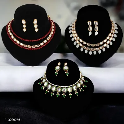 LUCKY JEWELLERY Designer Pearl With Kundan Layered Partywear Necklace and Earrings Combo Set Of 3 For Women  Girls (888-COMBO-1948-3)-thumb0