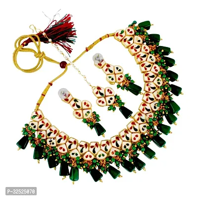 Beautiful Meenakari 18 K Gold Plated Green Color Pentagon Shape Uncut Kundan Combo Necklace Set-thumb2