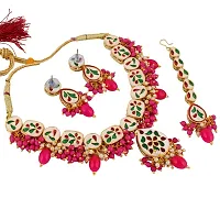 Lucky Jewellery Meenakari 18k Gold Plated Magenta Color Tika Earring Combo Uncut Big Faux Kundan Necklace set (911-J5SK-1817-R)-thumb2