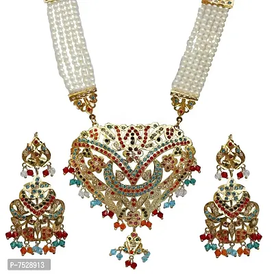 Lucky Jewellery Designer Multi Color Gold Plated Navratan Necklace with Earring for Girls  Women (1650-CGN-C440-MT)