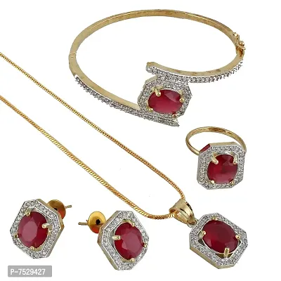 JEWEL21 18K Gold Plated American Diamond (AD) Maroon Color Combo Pendant Set with Earring, Bracelet,  Ring for Girls  Women