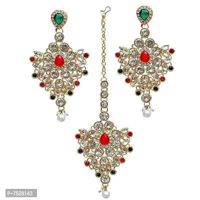 Lucky Jewellery Red Green Semi Bridal Dulhan Dulhan Wedding  Engagement Necklace Set with Mang Tikka (1815-L1SS-KD124-RED-G)-thumb4