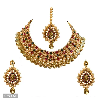 Lucky Jewellery Stunning Magenta Green Color Stone Gold Plated Necklace Set for Girls  Women (726-ISS-823-G-LCT-RG)