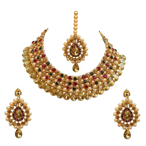 Lucky Jewellery Designer Color Plated Pearl and Stone Necklace Set for Girls Women (727-ISS-819-G-LCT-RG)