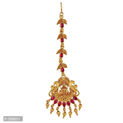 Lucky Jewellery Traditional Copper Finish Gold Plated Maroon Color Temple Religious Jewelry Goddess Laxmi Maang Tikka for Girls  Women (119-K2QT1-1589-M)-thumb4