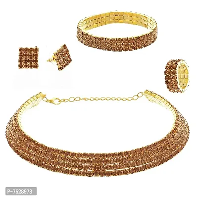 Lucky Jewellery Elegant Designer Silver Color 5-Line Stone Hasli Choker Kanthi Necklace with Tops Earring, 1 Bracelet and 1 Finger Ring for Girls  Women (625-CHSI-LJ678-W-S)