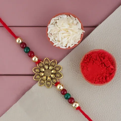 Gold Plated Rakhi Designer Fancy Traditional Rakhi with Roli and Tika