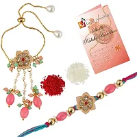 Lucky Jewellery Gold-Plated Peach Color Meena MagentaFeroozi Thread Rakhi-Rakshabandhan Rakhee-thumb1