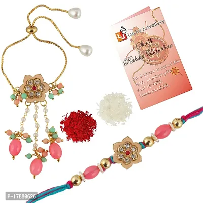 Lucky Jewellery Gold-Plated Peach Color Meena MagentaFeroozi Thread Rakhi-Rakshabandhan Rakhee-thumb2