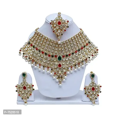 Lucky Jewellery Red Green Bridal Dulhan Dulhan Wedding  Engagement Necklace Set with Mang Tikka Best for Bride Red Green in Color (1815-L1SS-KD124-RED-G-MOD)-thumb2