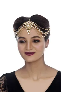 Lucky Jewellery Designer Gold Plated White Color Moti Pearl Maang Tikka Damini Kundan Stone Wedding Mathapatti for Girls  Women (248-L1PK-29-W)-thumb1