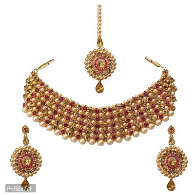 Lucky Jewellery Elegant Golden Magenta Color Gold Plated Pearl and Stone Necklace Set for Girls  Women (726-ISP-816-G-LCT-R)