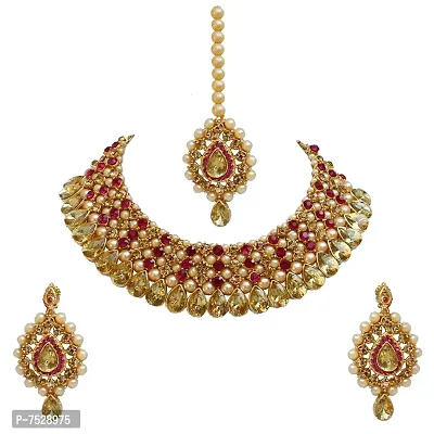 Lucky Jewellery Stunning Magenta Color Stone Gold Plated Necklace Set for Girls  Women (726-ISS-823-G-LCT-R)