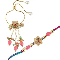 Lucky Jewellery Gold-Plated Peach Color Meena MagentaFeroozi Thread Rakhi-Rakshabandhan Rakhee-thumb2