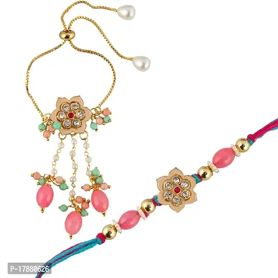 Lucky Jewellery Gold-Plated Peach Color Meena MagentaFeroozi Thread Rakhi-Rakshabandhan Rakhee-thumb3