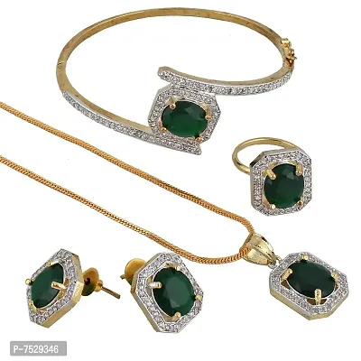 JEWEL21 18K Gold Plated American Diamond (AD) Green Color Combo Pendant Set with Earring, Bracelet,  Ring for Girls  Women (624-k5sa-882-g)