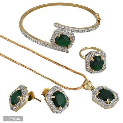 JEWEL21 18K Gold Plated American Diamond (AD) Green Color Combo Pendant Set with Earring, Bracelet,  Ring for Girls  Women (624-k5sa-882-g)-thumb0