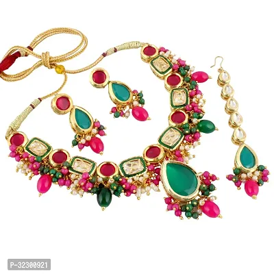 Lucky Jewellery Meenakari 18k Gold Plated Multi Color Tika Earring Combo Uncut Big Faux Kundan Choker Necklace set (911-J5SK-1817-RG)-thumb2