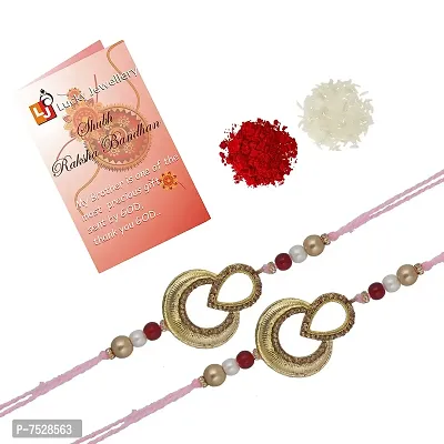 Lucky Jewellery Designer Fancy Traditional Rakhi Gold Plated Red Thread For Bro/Brother/Bhaiya/Bhai/Bhabhi (Pack of 2) Rakshabandan Rakhe Crystal and White Stone Rakhee Bracelet Rakshasutra For Boys  Men (79-WTSR1-E2339)-thumb0