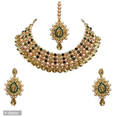 Lucky Jewellery Stunning Green Color Stone Gold Plated Necklace Set for Girls  Women (726-ISS-823-G-LCT-G)