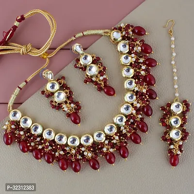 LUCKY JEWELLERY Back Meenakari 18k Gold Plated Maroon Color Tika Earring Combo Uncut Big Faux Kundan Choker Necklace set (926-J5SK-1810-M)-thumb0