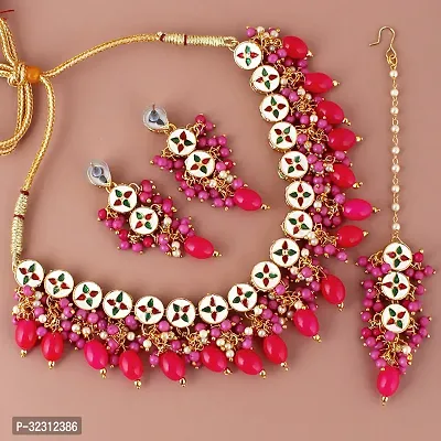 LUCKY JEWELLERY Back Meenakari 18k Gold Plated Magenta Color Tika Earring Combo Uncut Big Faux Kundan Choker Necklace set (926-J5SK-1810-R)-thumb2