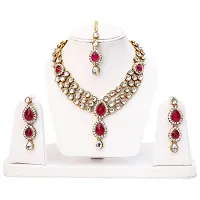 Lucky Jewellery 3 Line Kundan Set Magenta Colour with Earrings Tikka (MSK-3-LINE-R)-thumb1