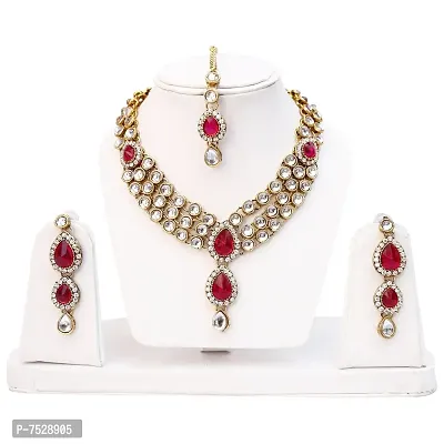 Lucky Jewellery 3 Line Kundan Set Magenta Colour with Earrings Tikka (MSK-3-LINE-R)-thumb2