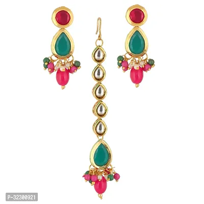 Lucky Jewellery Meenakari 18k Gold Plated Multi Color Tika Earring Combo Uncut Big Faux Kundan Choker Necklace set (911-J5SK-1817-RG)-thumb4