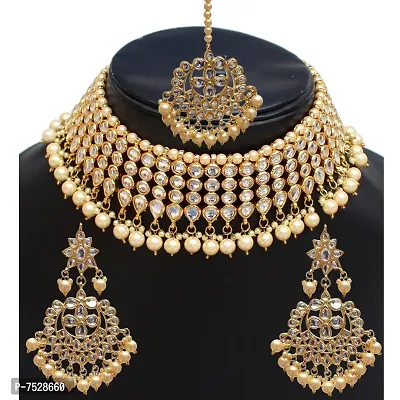 Lucky Jewellery Designer Golden Color White Kundan Pearl Choker Necklace Set for Girls  Women (1095-QSK-9074-GOLD)