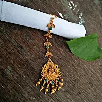 Lucky Jewellery Traditional Copper Finish Gold Plated Maroon and Green Color Temple Religious Jewelry Goddess Laxmi Maang Tikka for Girls  Women (119-K2QT1-1595-MG)-thumb2