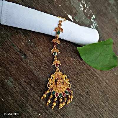 Lucky Jewellery Traditional Copper Finish Gold Plated Maroon and Green Color Temple Religious Jewelry Goddess Laxmi Maang Tikka for Girls  Women (119-K2QT1-1595-MG)-thumb3