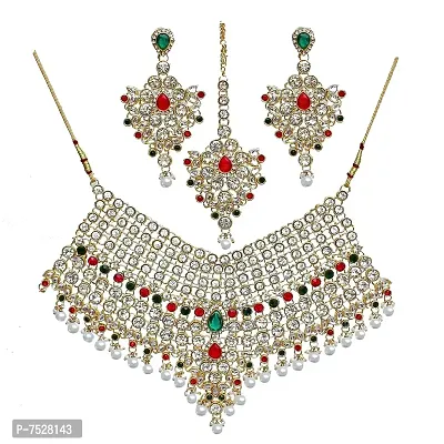 Lucky Jewellery Red Green Semi Bridal Dulhan Dulhan Wedding  Engagement Necklace Set with Mang Tikka (1815-L1SS-KD124-RED-G)-thumb5