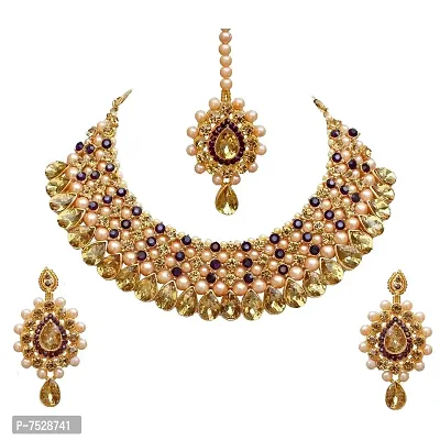 Lucky Jewellery Stunning Purple Color Stone Gold Plated Necklace Set for Girls  Women (726-ISS-823-G-LCT-P)