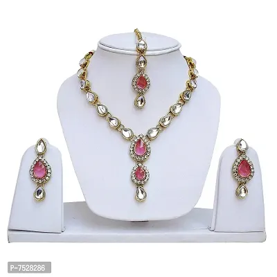 Lucky Jewellery Alloy 1-Line Pink Kundan Set for Women-thumb2