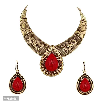 Lucky Jewellery Tribal Designer Gold Plated Retro Tibetan Oxidised Bohemian Oval Red Color Pendant Locket Set with Drop Earrings Hasli Kanthi Necklace for Girls  Women-thumb0