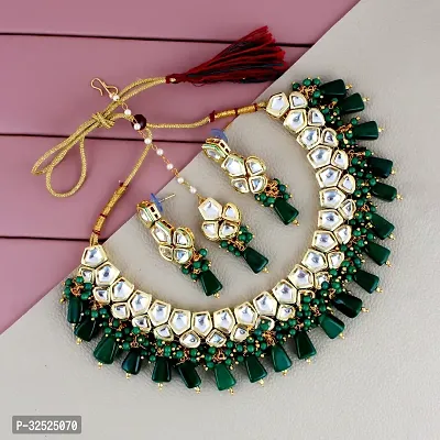 Beautiful Meenakari 18 K Gold Plated Green Color Pentagon Shape Uncut Kundan Combo Necklace Set-thumb0