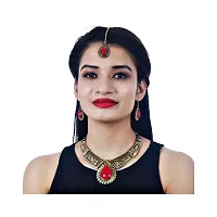 Lucky Jewellery Tribal Designer Gold Plated Retro Tibetan Oxidised Bohemian Oval Red Color Pendant Locket Set with Drop Earrings Hasli Kanthi Necklace for Girls  Women-thumb3