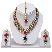 Lucky Jewellery 3 Line Kundan Set Magenta Blue Colour with Earrings Tikka (MSK-3-LINE-RB)-thumb1