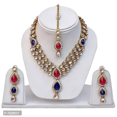 Lucky Jewellery 3 Line Kundan Set Magenta Blue Colour with Earrings Tikka (MSK-3-LINE-RB)-thumb2