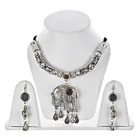 Lucky Jewellery Oxidised Boho Garba Silver Plated Jewelry Fancy Navratri Dandia Multi Strand Jewellery Double Layer Set with Matching Earring for Women (270-M5SO-983-S)-thumb1