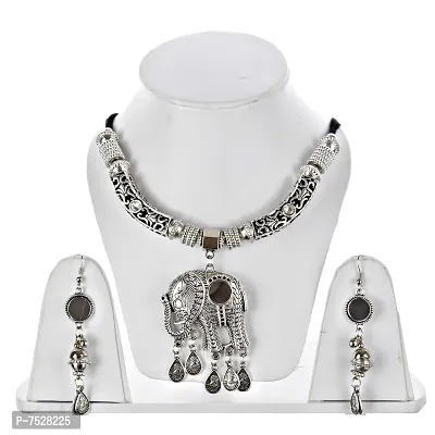 Lucky Jewellery Oxidised Boho Garba Silver Plated Jewelry Fancy Navratri Dandia Multi Strand Jewellery Double Layer Set with Matching Earring for Women (270-M5SO-983-S)-thumb2