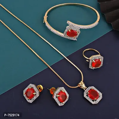 Lucky Jewellery 18K Gold Plated American Diamond (AD) Red Color Combo Pendant Set with Earring, Bracelet,  Ring for Girls  Women (624-K5SA-882-RED)-thumb3