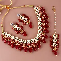 LUCKY JEWELLERY Back Meenakari 18k Gold Plated Maroon Color Tika Earring Combo Uncut Big Faux Kundan Choker Necklace set (926-J5SK-1810-M)-thumb1