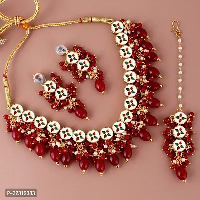 LUCKY JEWELLERY Back Meenakari 18k Gold Plated Maroon Color Tika Earring Combo Uncut Big Faux Kundan Choker Necklace set (926-J5SK-1810-M)-thumb2