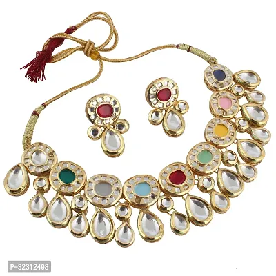 LUCKY JEWELLERY Back Meenakari 18k Gold Plated Multi Color Earring Combo Uncut Big Faux Kundan Choker Necklace set (1403-J5SK-1836-MT)-thumb4