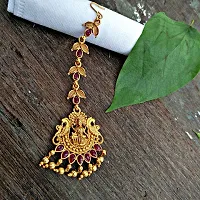 Lucky Jewellery Traditional Copper Finish Gold Plated Maroon Color Temple Religious Jewelry Goddess Laxmi Maang Tikka for Girls  Women (119-K2QT1-1589-M)-thumb1