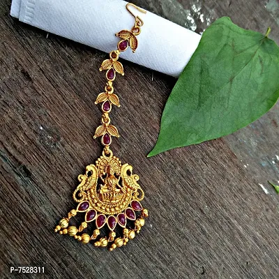 Lucky Jewellery Traditional Copper Finish Gold Plated Maroon Color Temple Religious Jewelry Goddess Laxmi Maang Tikka for Girls  Women (119-K2QT1-1589-M)-thumb2