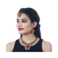 Lucky Jewellery Tribal Designer Gold Plated Retro Tibetan Oxidised Bohemian Oval Red Color Pendant Locket Set with Drop Earrings Hasli Kanthi Necklace for Girls  Women-thumb2